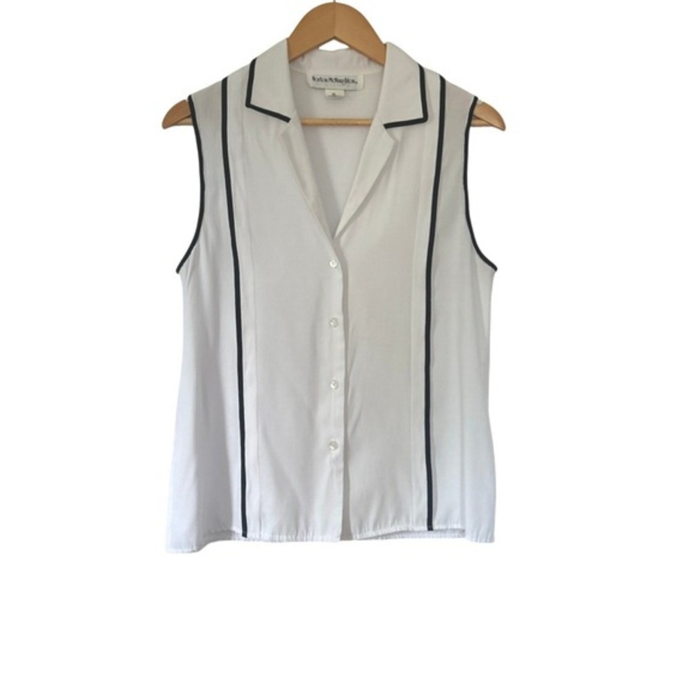 Vintage Norton McNaughton 90s Minimalist White Black Sleeveless Blouse Sz 6 USA